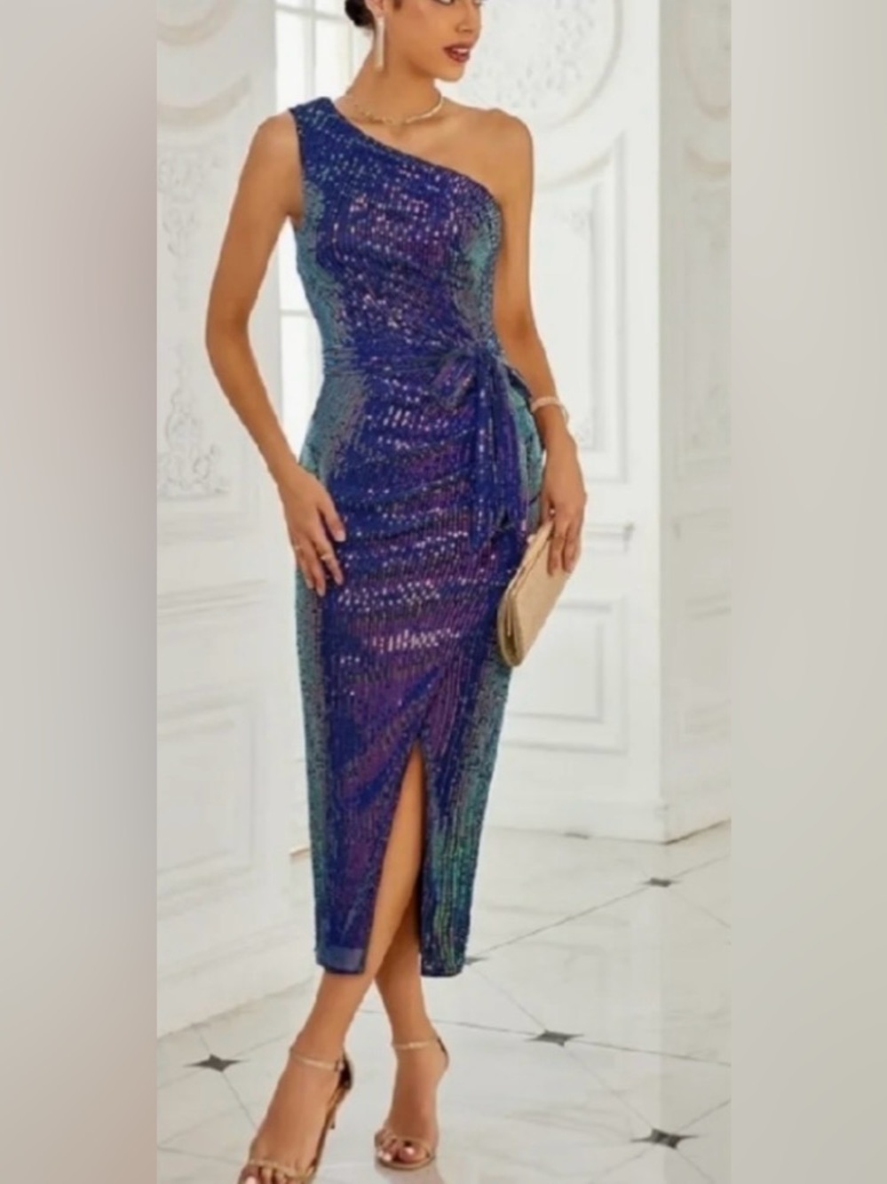 Grace Karin Iridescent Blue-Purple Sequin Midi Dress Party Medium